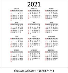 Calendar 2021 ,week start on Sunday,Desk calendar,planner diary.Vector illustration.Black numbers on white background.