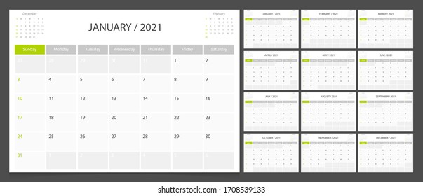 Календарь 2021 неделя начинается в воскресенье шаблон планировщика корпоративного дизайна.