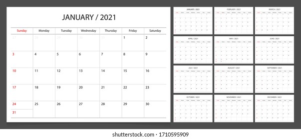 Calendar 2021 week start Sunday corporate design planner template.