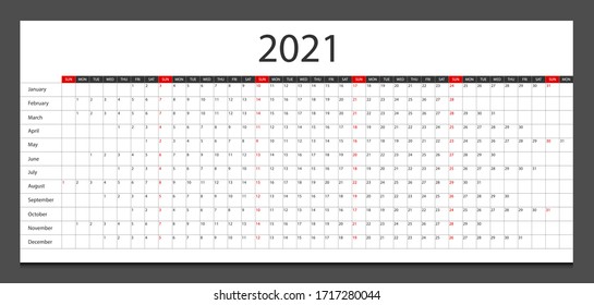 Calendar 2021 week start Sunday corporate design planner template.