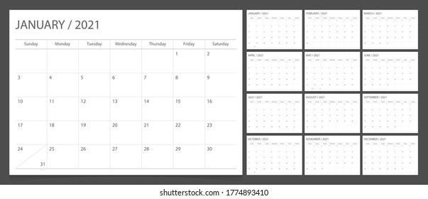 Calendar 2021 Week Start Sunday Corporate Design Planner Template.