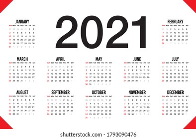 Calendar 2021. Week start Sunday corporate design planner template. Vector design stationery template.