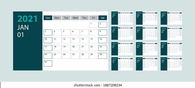 Calendar 2021 week start Sunday corporate design planner template on green background, stock vector