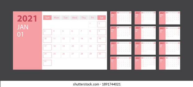 Calendar 2021 week start Sunday corporate design planner template with pink theme, stock vector