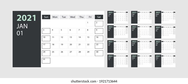 Calendar 2021 week start Sunday corporate design planner template with green theme, stock vector
