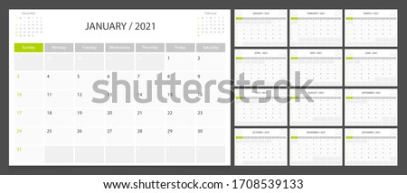 Calendar 2021 week start Sunday corporate design planner template.