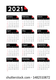 calendar 2021, week starts on Sunday, basic business template. vector illustration