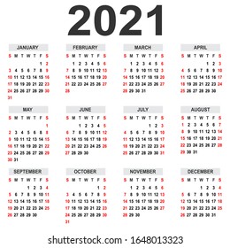 Calendar 2021. Week starts on Sunday. Basic grid - template for annual calendar 2021 - black and red colors