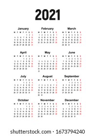 calendar 2021, week starts on Monday, basic business template. vector illustration