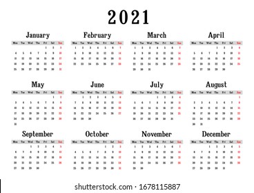 calendar 2021, week starts on Monday, basic business template. vector illustration
