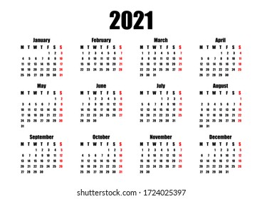 calendar 2021, week starts on Monday, basic business template. vector illustration