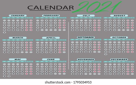 calendar 2021, week starts on Sunday, basic calendar template