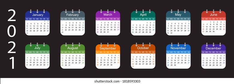 Calendar 2021. Week starts on Sunday.Colorful design on dark background. Vector illustration	