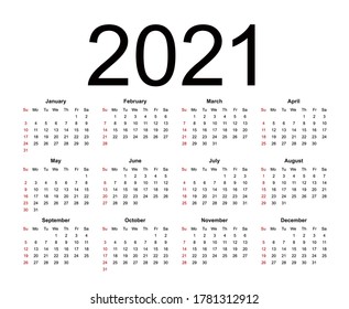 Calendar 2021. Week starts from Sunday, business template. Isolated vector illustration on white background.