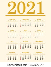 Calendar for 2021. Week starts from Sunday. In trendy color 2021 Fortuna Gold. 