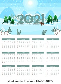 Calendar for 2021. Weeks start on Sunday. Winter landscape in a flat style as a background. Vector illustration.