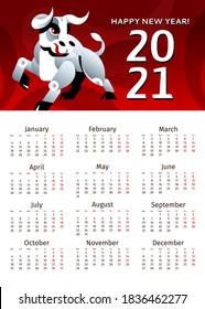 Calendar 2021 with white metal Ox - symbol of the Chinese New Year. Zodiac Sign of bull on a red background. Vector illustration of Ox for Holiday of the 2021 in  China, Korea, Hong kong.