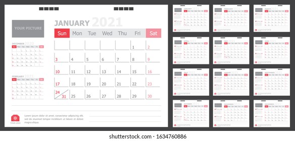 Calendar for 2021 White and red background