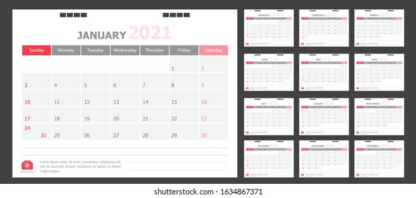 Calendar for 2021 White and red background