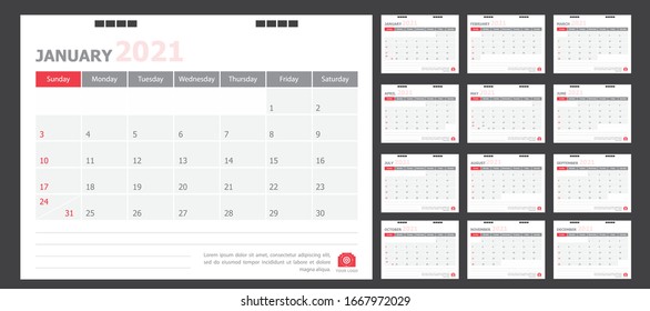Calendar for 2021 White and red background