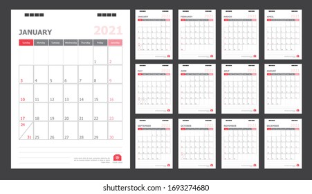 Calendario 2021 Fondo blanco y rojo