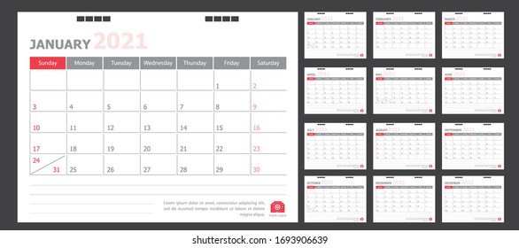 Calendar for 2021 White and red background