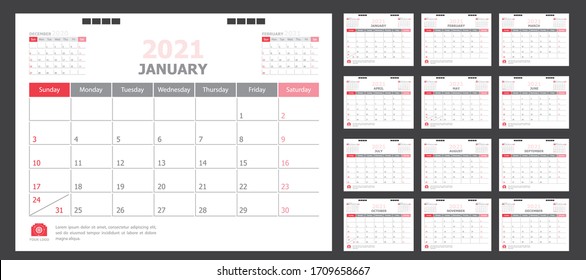 Calendar for 2021 White and red background