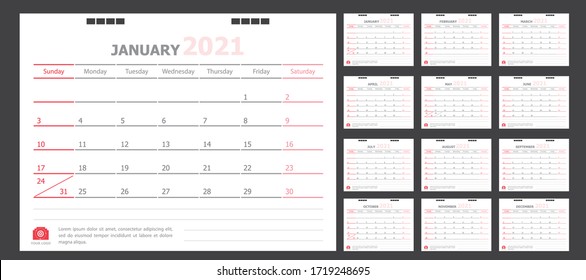 Calendar for 2021 White and red background