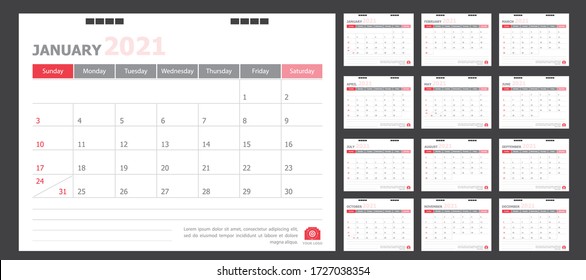 Calendar for 2021 White and red background