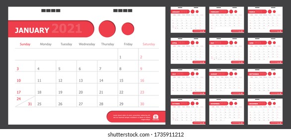 Kalender für 2021 Weißer und roter Hintergrund