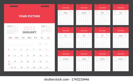Kalender für 2021 Weißer und roter Hintergrund