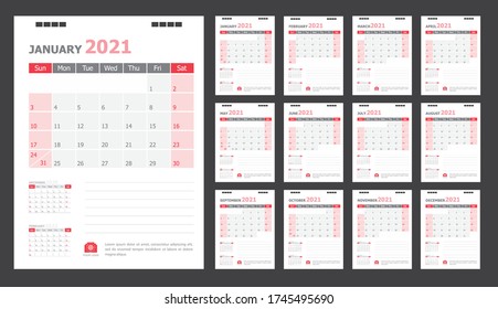 Calendar for 2021 White and red background
