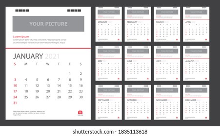 Calendar for 2021 White and red background. Corporate design planner template.