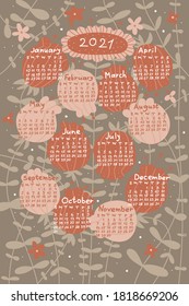 Calendar 2021 with wild flowers. Perfect for poster or tea towel. Hand-drawn vector illustration with pastel colors.