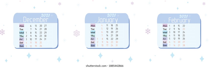 Calendar 2021, winter. Snow flakes, stars, snowflakes, year, days of the week, dates of the month, holidays are highlighted in the calendar. Vector graphics.