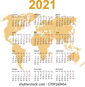 Calendar 2021 with world map. Week starts on Monday