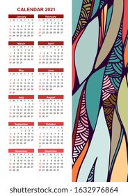 Calendar for 2021 year with abstract ornament. Vertical print. Week starts on sunday.