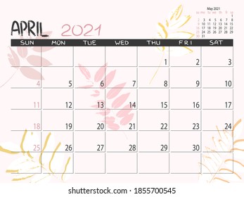 Calendario 2021 año. Planificador de abril de 2021. Diseño del calendario de la parte inferior. Planner mensual. Hojas de garganta. La vida o el planificador de negocios. Colocar notas. Plantilla imprimible.