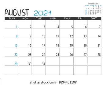 Calendario 2021 año. Planificador de agosto de 2021. Diseño del calendario de la parte inferior. Planificador mensual. El fondo es muy moderno. La vida o el planificador de negocios. Colocar notas. Plantilla imprimible.