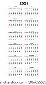 Calendar 2021 year. Black and white vector template. Week starts on Sunday. Basic grid. Pocket square calender. Ready design