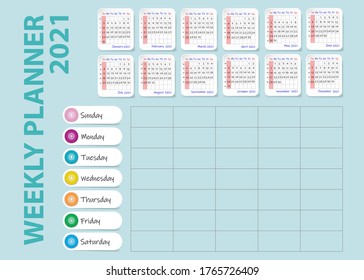 Calendario de 2021 año y planificación semanal en blanco sobre fondo verde claro. 