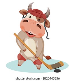 Calendar 2021 year of the bull. Bull-hockey player with a stick. Winter greeting card-happy New year and Christmas, drawing on a t-shirt, mug, clothes