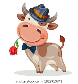 Calendar for 2021 year of the bull. Cute animal with a Tulip. Suitable for Zodiac sign, horoscope. Decorative greeting card-from March 8, mother's day, Valentine's day.