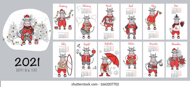 Calendar 2021. Year of the bull. New year illustration. Hand drawn vector.