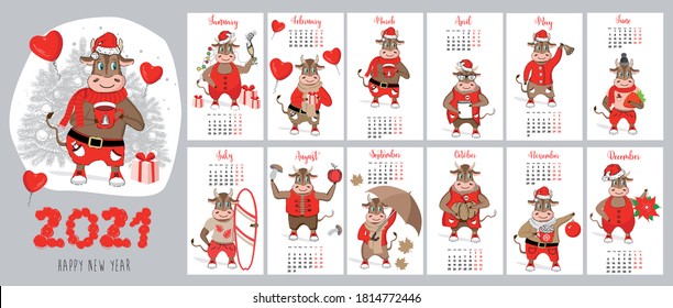 Calendar 2021. Year of the bull. New year illustration. Hand drawn vector.	