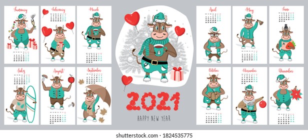Calendar 2021. Year of the bull. New year illustration. Hand drawn vector.	