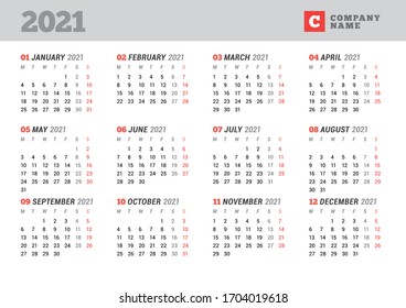 Calendar  for 2021 year. Business monthly planner. Stationery design. Week starts on Monday. Vector illustration