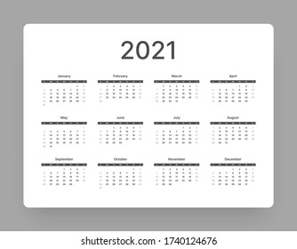 Calendar for 2021 year in clean minimal style. Week Starts on Sunday.