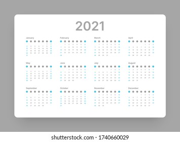 Calendar for 2021 year in clean minimal style. Week Starts on Sunday.