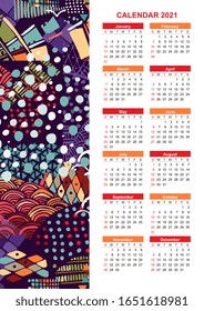 Calendar for 2021 year with colorful abstract pattern. Vertical design with decorative ornament. 